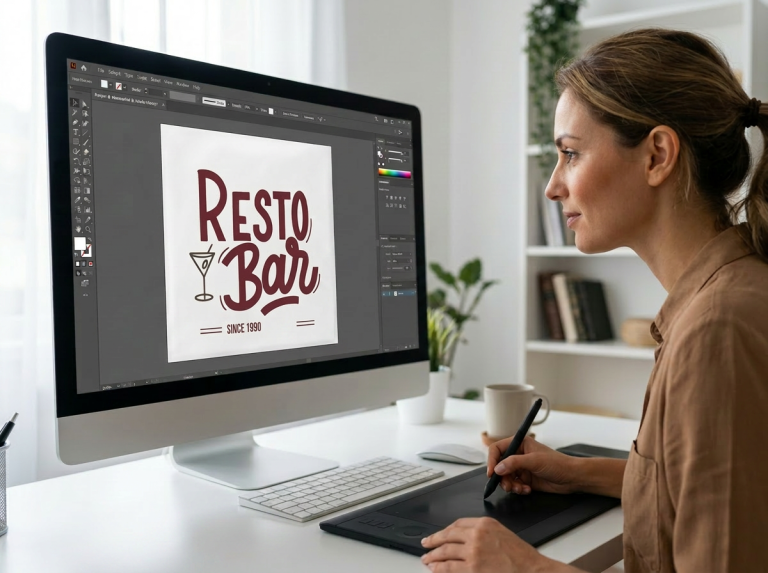 Ontwerper werkt aan een logo-ontwerp voor bedrukte servetten